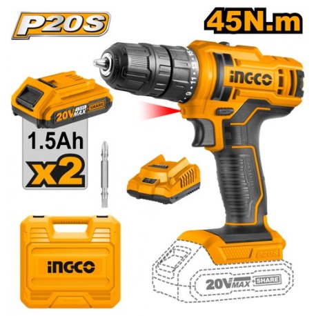 Шуруповёрт аккумуляторный INGCO 20V/2*1.5A CDLI20028