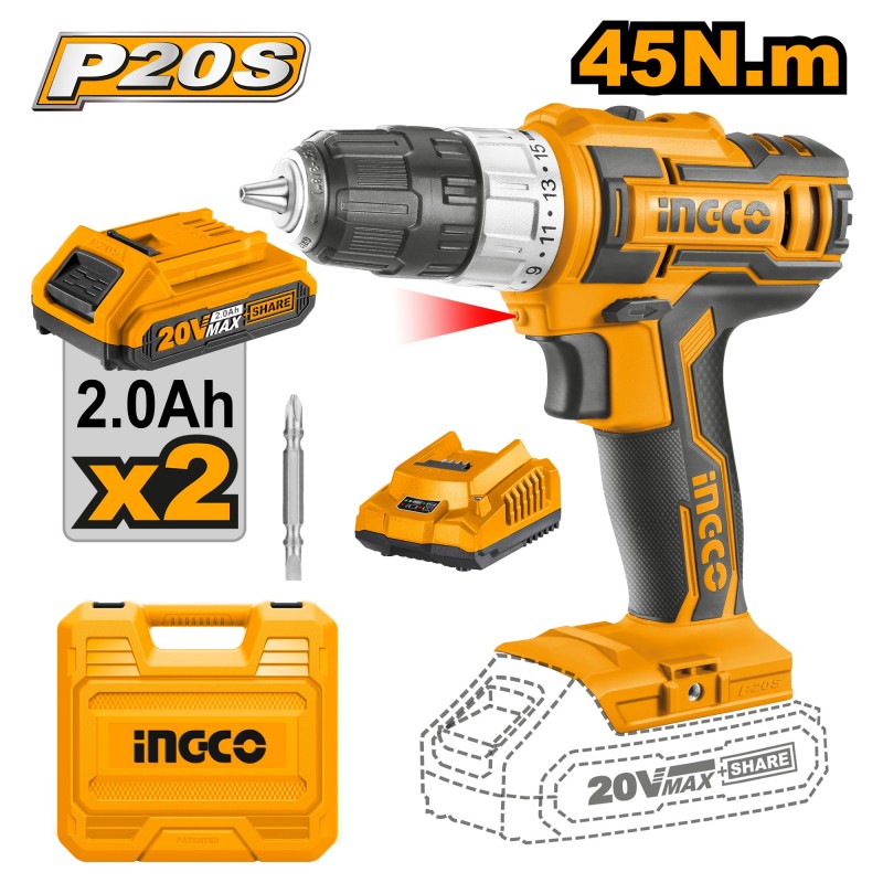 Шуруповёрт аккумуляторный INGCO 20В/2*2Ач CDLI200215