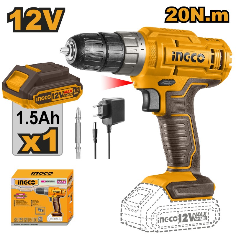 Шуруповёрт аккумуляторный Li-Ion 12V/1.5A INGCO CDLI1218